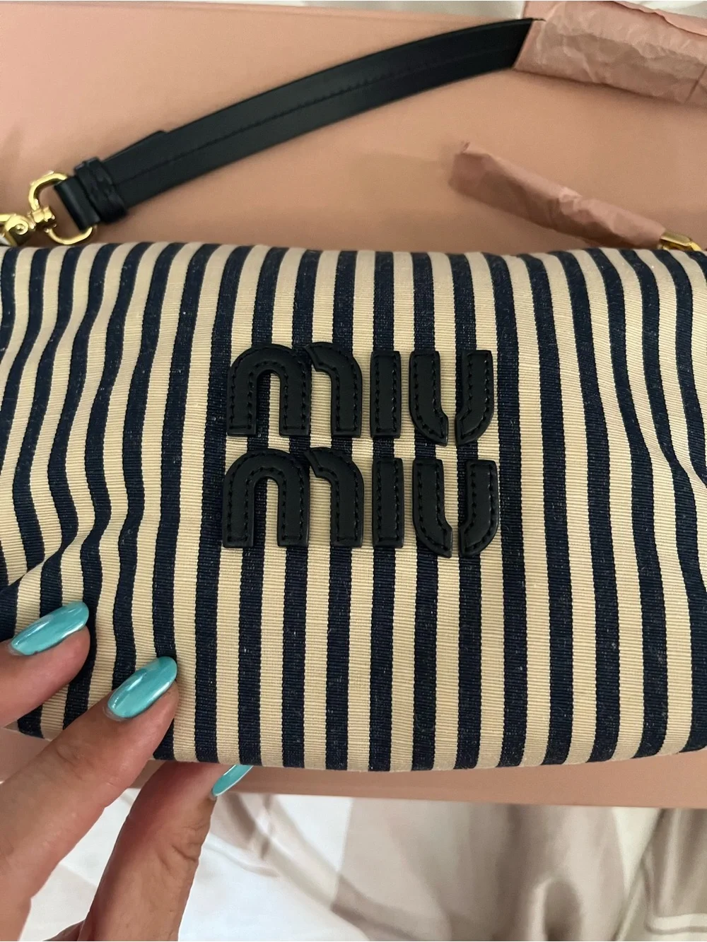 Miu Miu Navy and Cream Striped Canvas Shoulder Bag - Picture 2 of 4